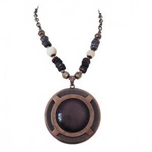 Antique Bronze Brown Ornate Beaded 3.5" Pendant Necklace